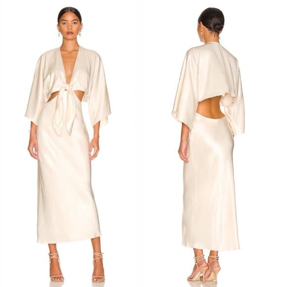 Shona Joy La Lune Tie Front Bias Midi Dress in Cream White Size 4 - Picture 1 of 12